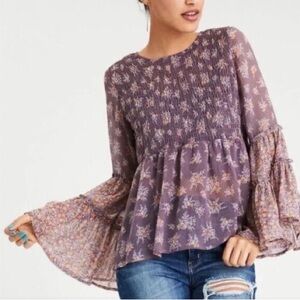American Eagle Floral Boho BabyDoll Mesh Blouse Size Medium